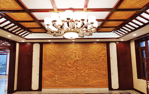 东澳镇中式别墅客厅中式木作横梁吊顶装饰展示